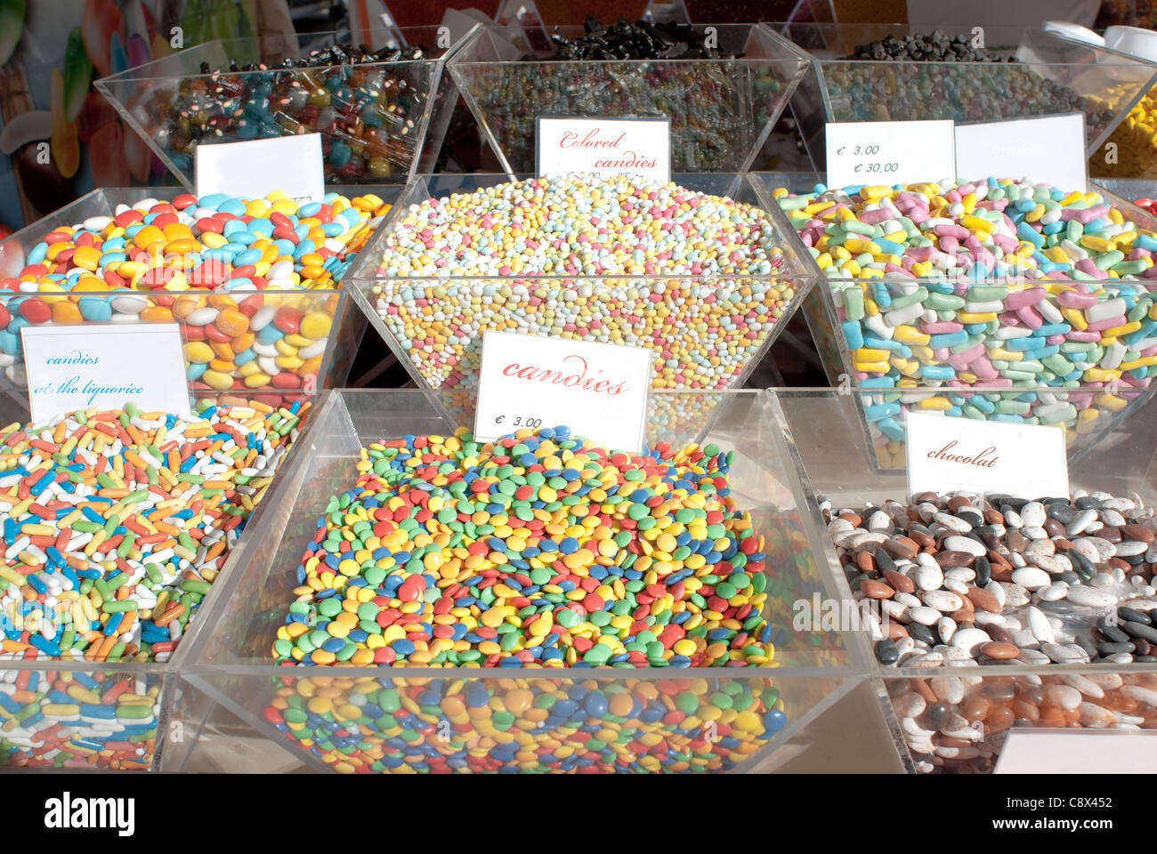 typical colored Italian candies. A shop of confectionery Stock Photo