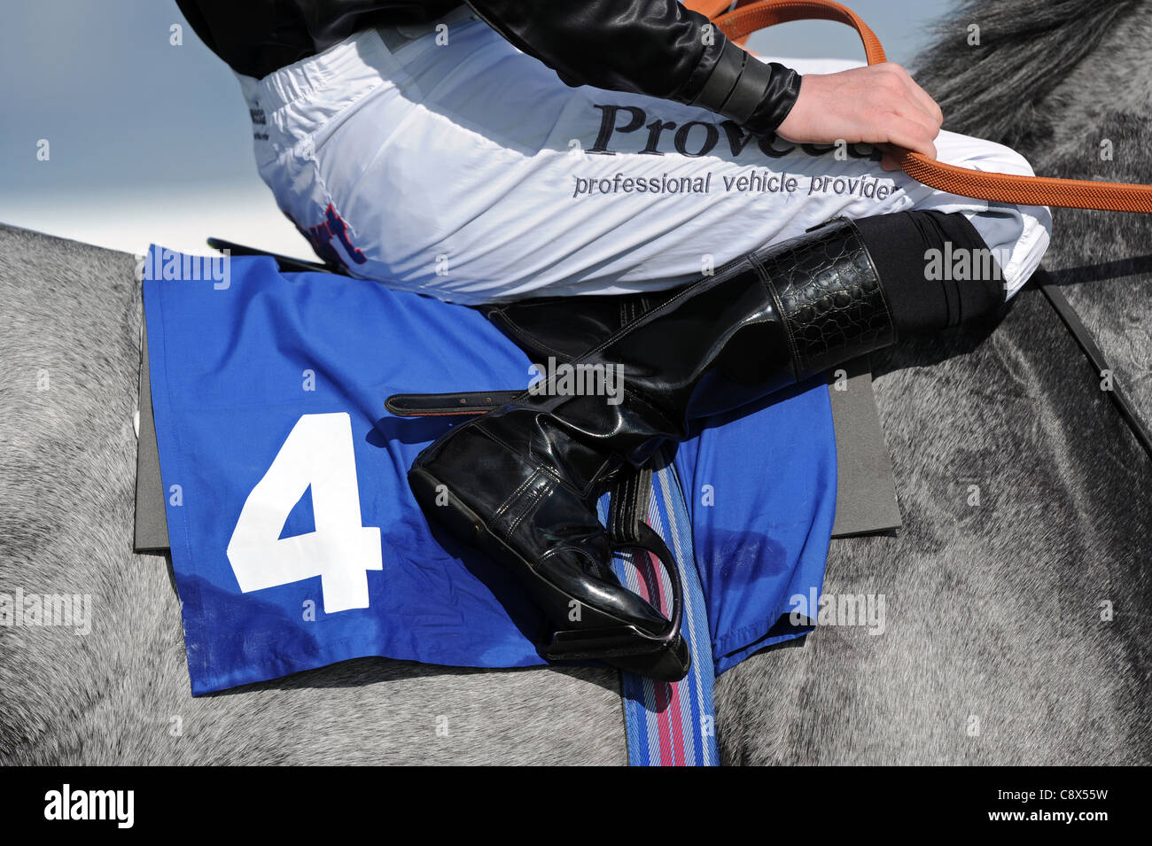 Detail of the Saddle Cloth, Stirrups, Reins and Boots on a Racehorse and Jockey Stock Photo