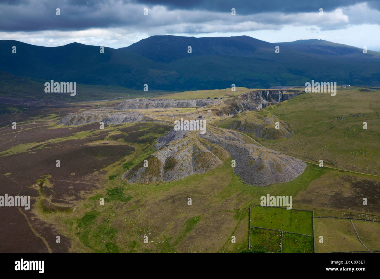 Moel Tryfan slate quarry with mountains in background Near Rhostryfan Snowdonia National Park Gwynedd North Wales UK Stock Photo