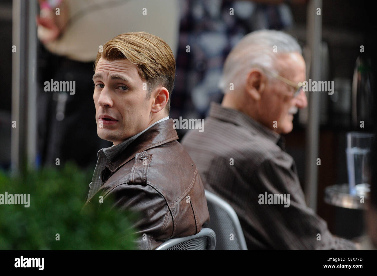 Chris Evans Stan Lee Film Scene The Avengers Movie Set Pershing Square Restaurant Out About Celebrity Candids Sat New Stock Photo Alamy