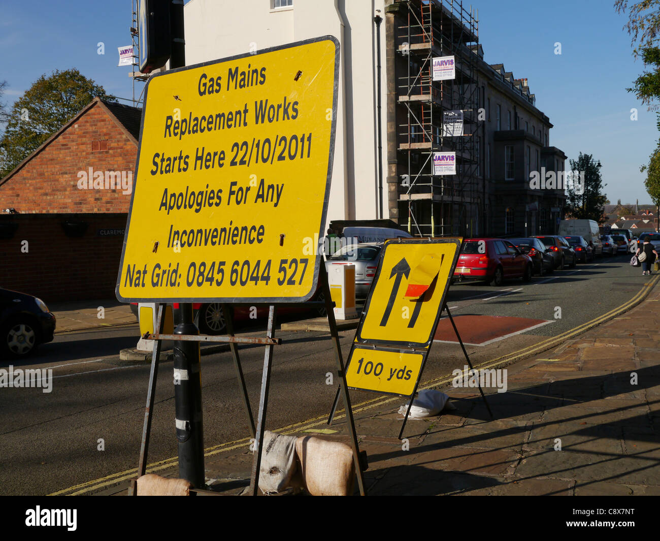 Road works signs in Shrewsbury Shropshire UK Stock Photo