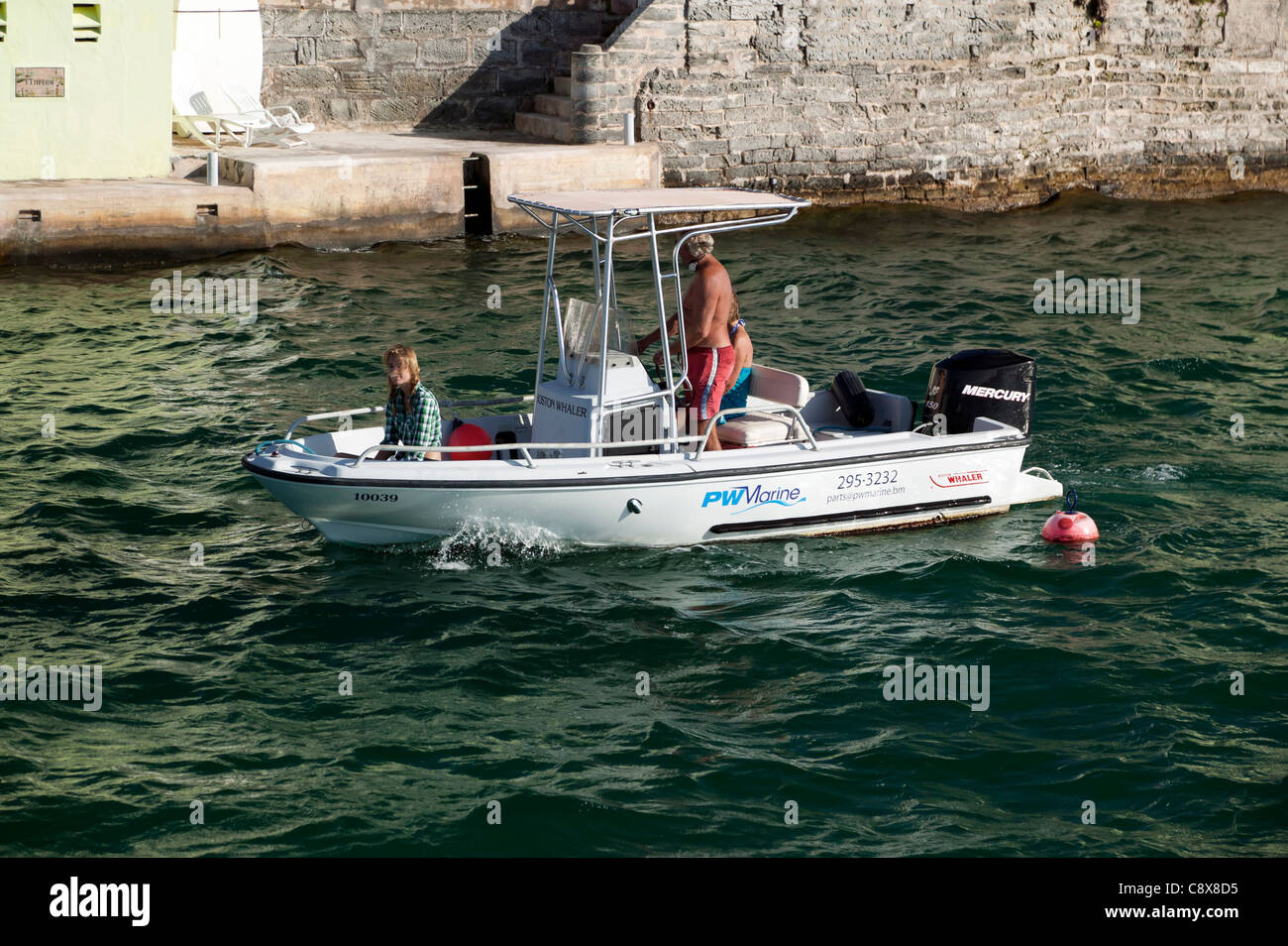 13ft Boston Whaler  motor boat  near Darrells Wharf, Warwick Parish, Bermuda Stock Photo