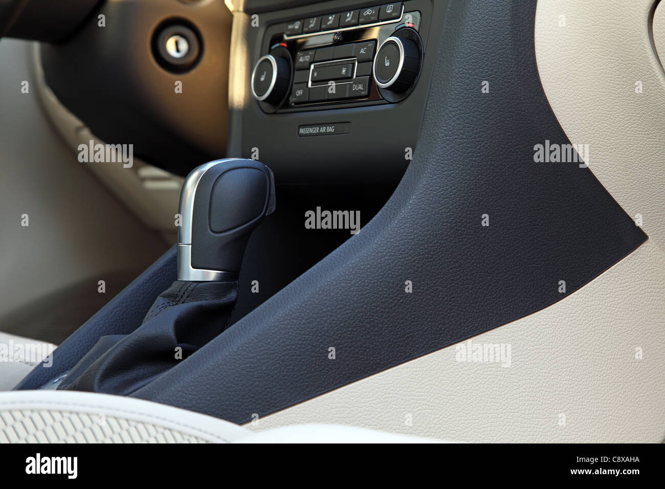 Modern european car interior and automatic gear shift. Shallow DOF. Stock Photo