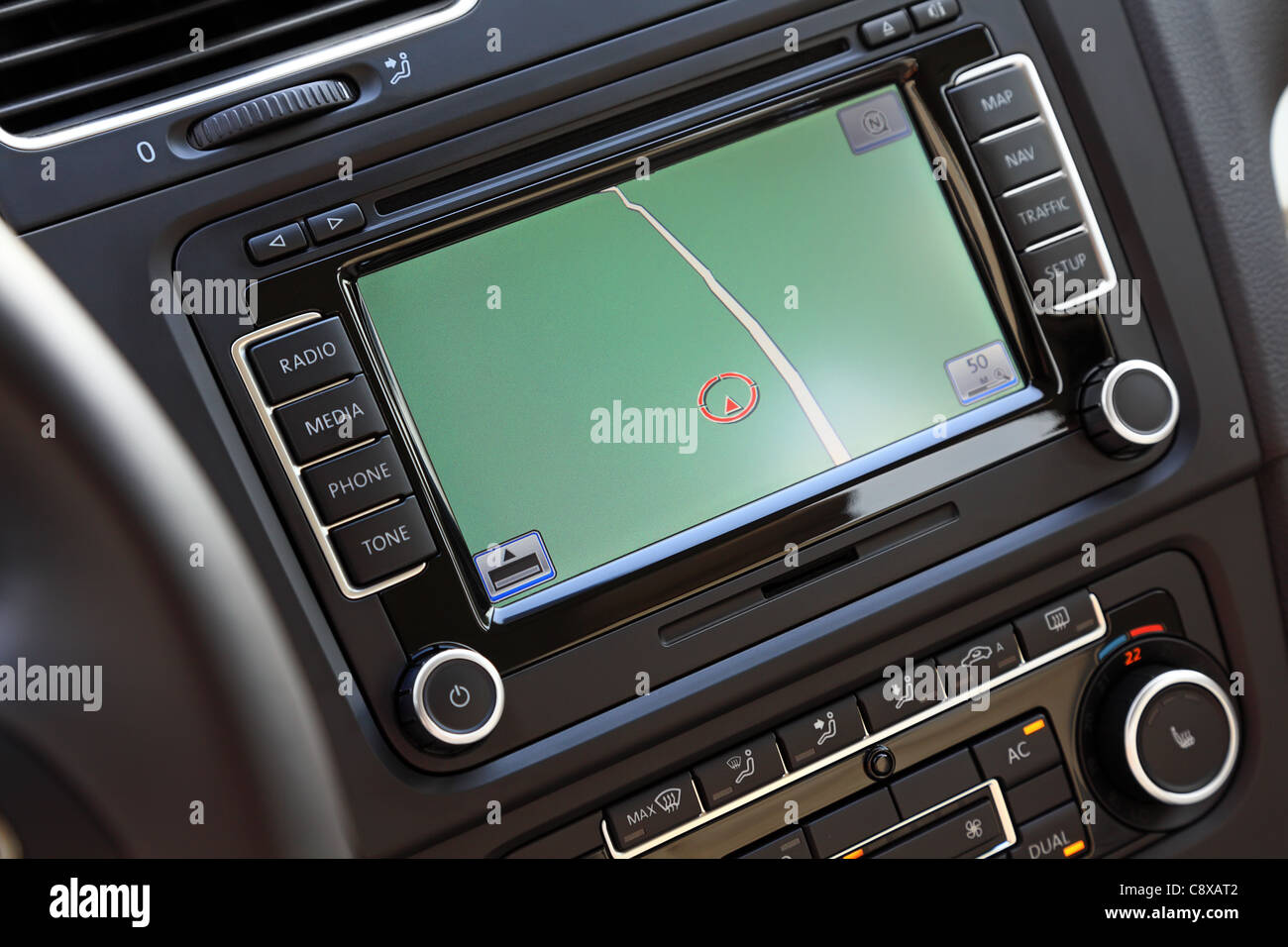 Car navigation system close-up in a modern european car. Stock Photo