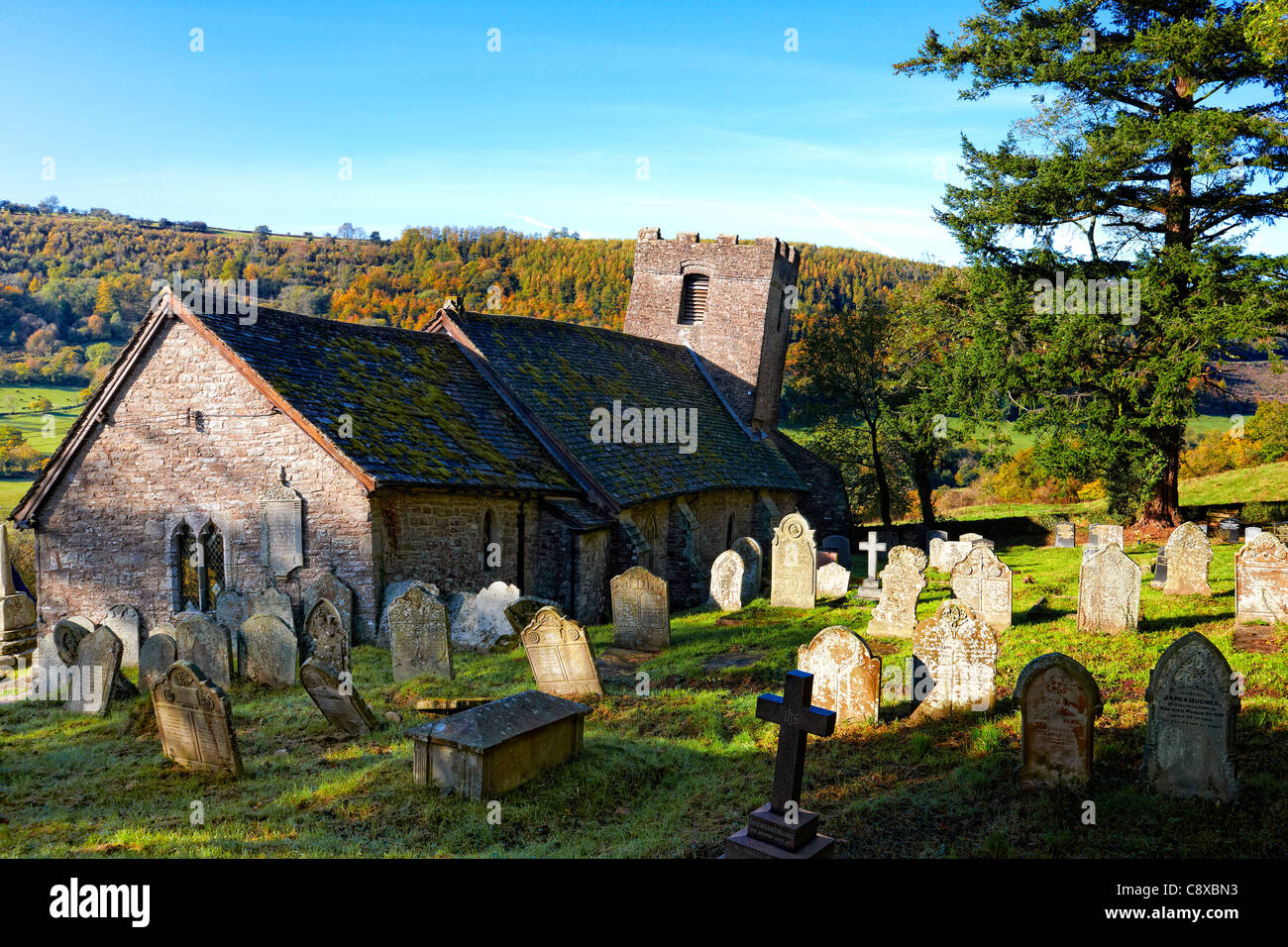 Cwmyoy church in the Vale of Ewyas, Brecon Beacons National Park. It has been described as the most crooked church in the UK Stock Photo