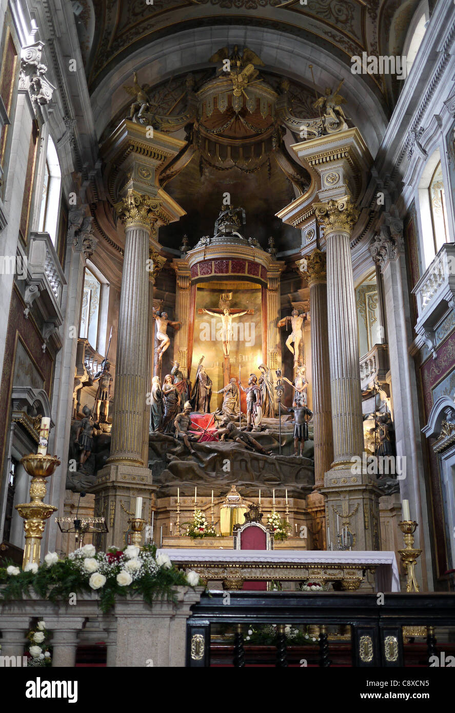 The altar of the main church (igreja) at Bom Jesus do Monte, near Braga, Portugal with a 3-D diorama of the crucifixion. Stock Photo