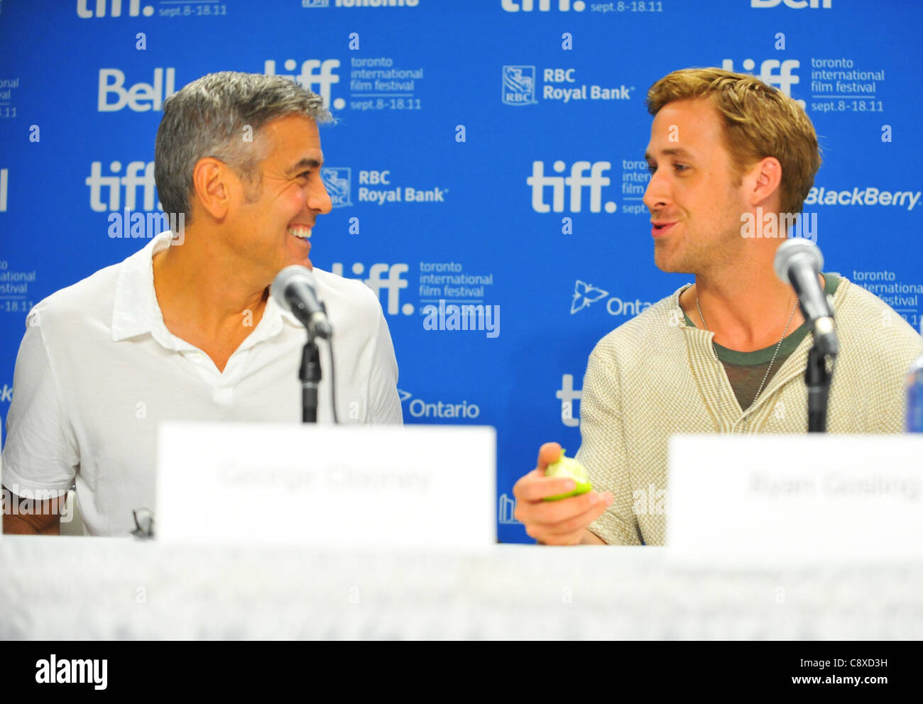 George Clooney Ryan Gosling atpress conferenceIDES MARCH Press Conference Toronto International Film Festival TIFF Bell Stock Photo