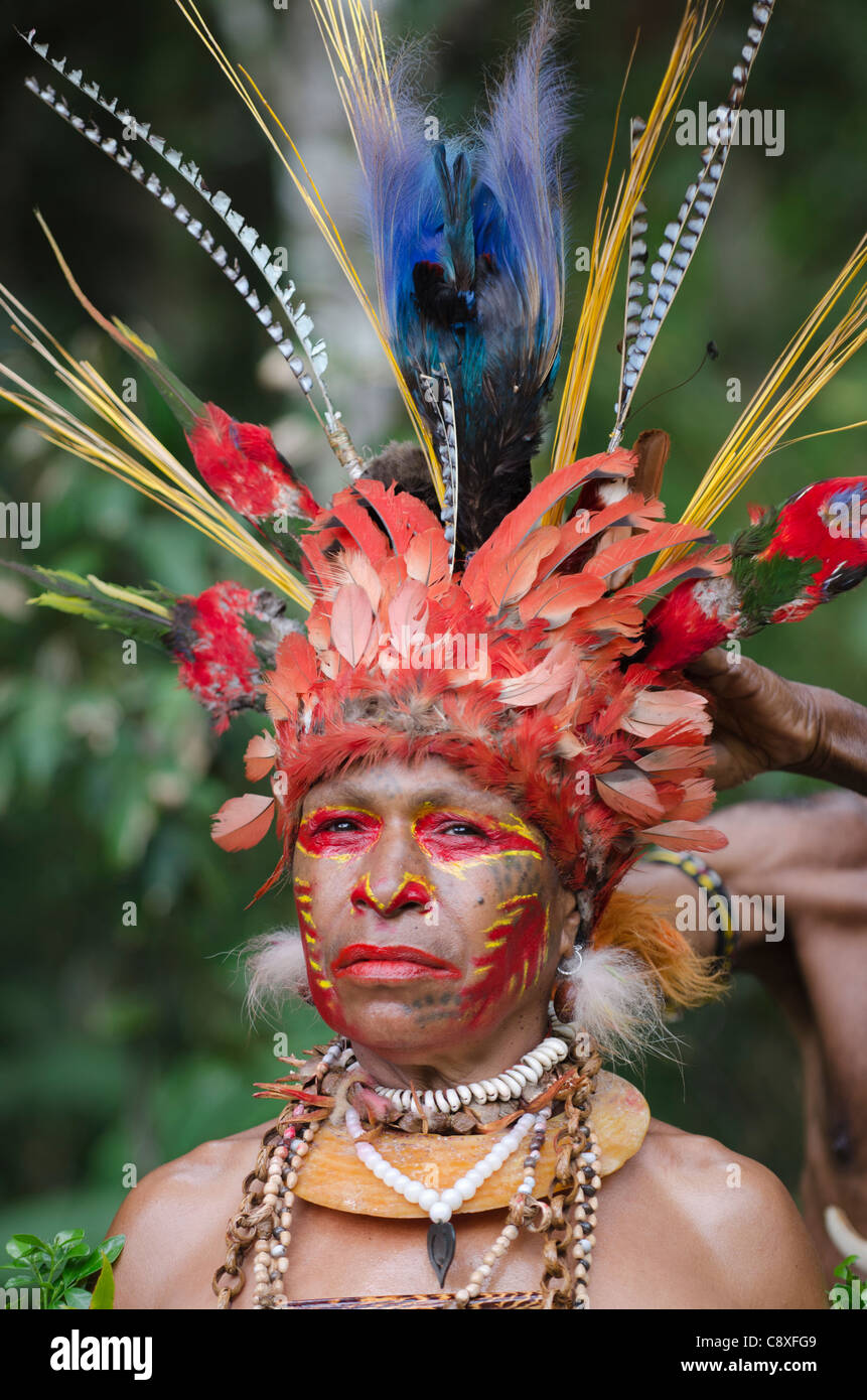 Jiwika tribal dancer having her head dress prepared Paiya Sing-sing Western Highlands Papua New Guinea Stock Photo