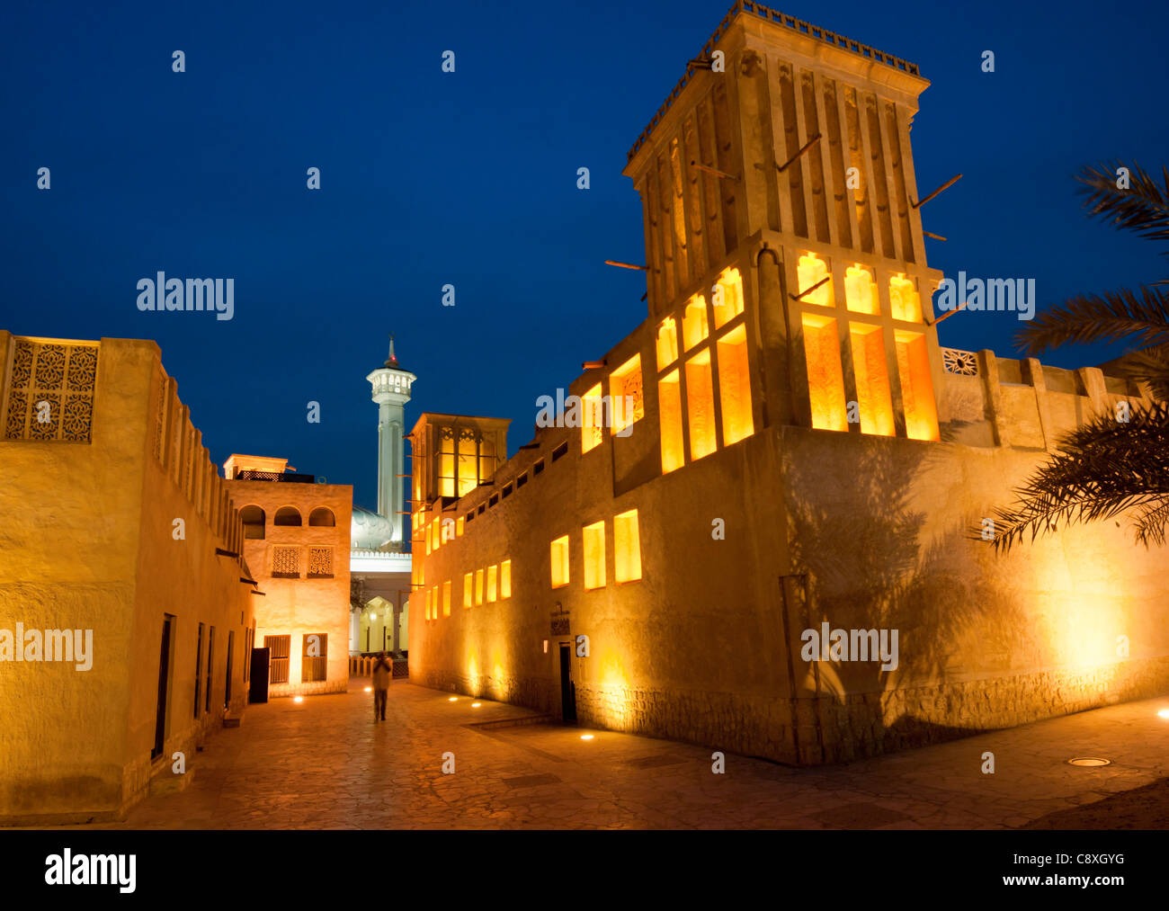 Bastakia or Al Bastakiya Quarter at night Bur Dubai, Dubai, United Arab Emirates, UAE Stock Photo