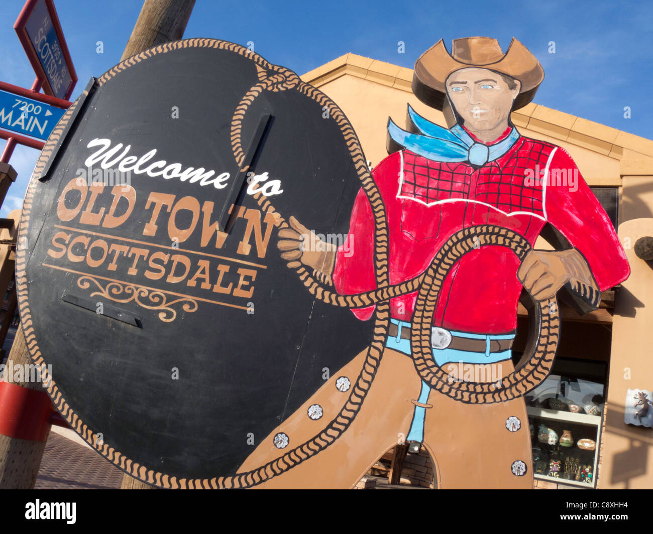 The cowboy with lasso greets visitors to Scottsdale, Arizona Stock Photo