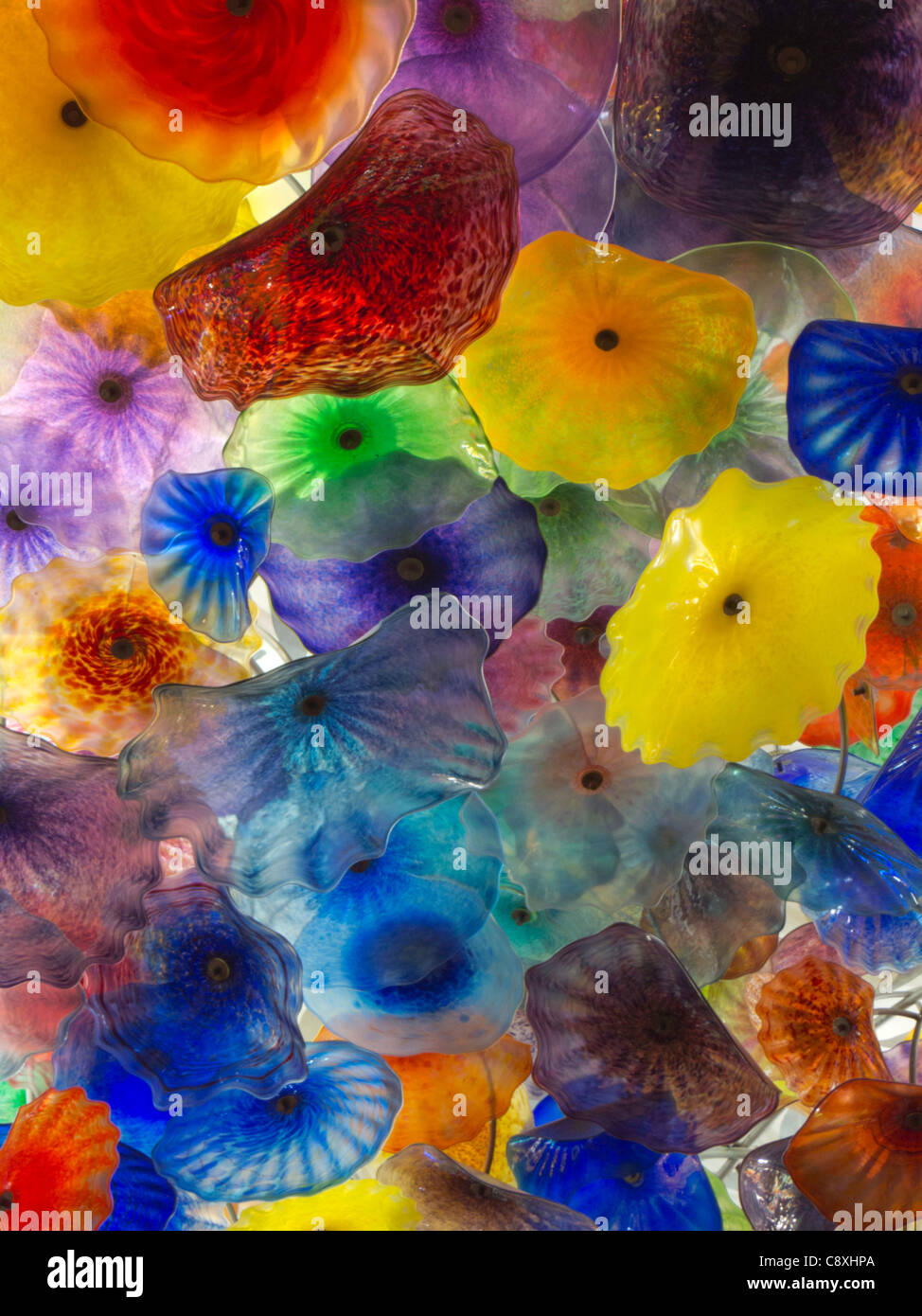 The blown glass flower ceiling by Dale Chihuly, in the registration area of the Bellagio Casino, Las Vegas, Nevada Stock Photo