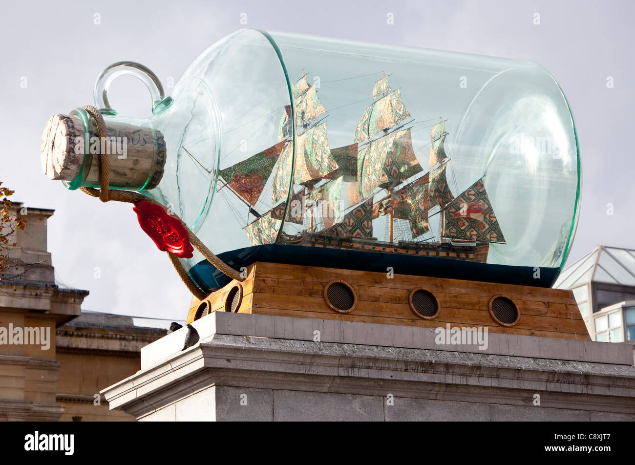 (Yinka Shonibare's) Nelson's ship in a bottle on the fourth plinth in Trafalgar Square, London, England, UK, GB. Stock Photo