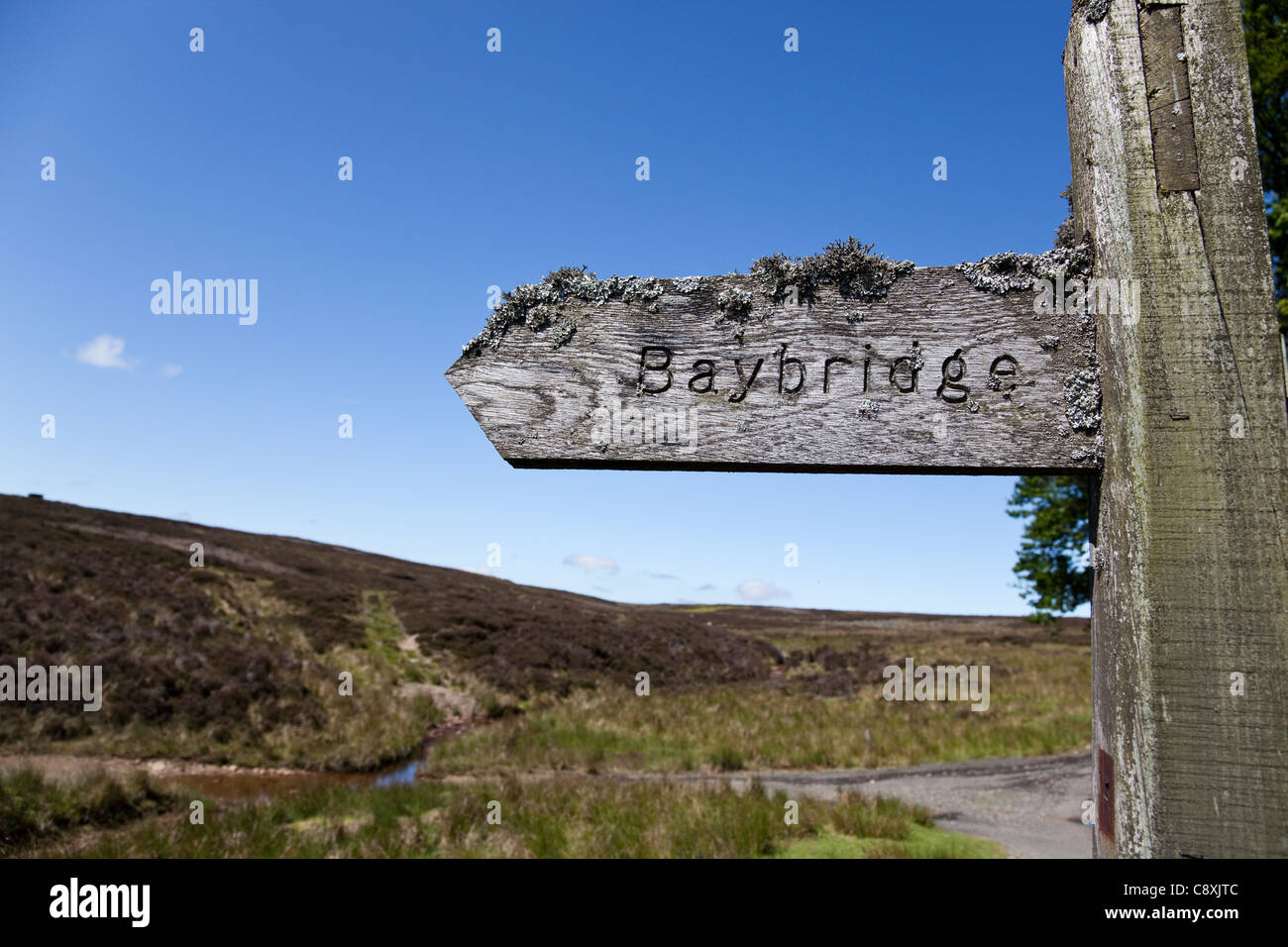 Wooden Countryside footpath sign, Baybridge, Weardale, Blanchland, Northumberland, England. UK Stock Photo