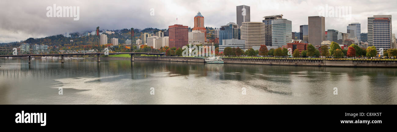City of Portland Oregon Skyline along Willamette River in the Fall Stock Photo