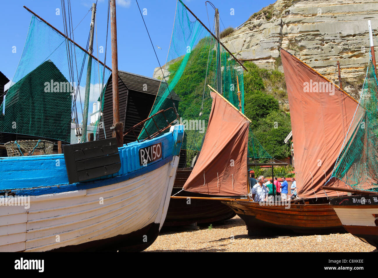 Fishing boats on display at Hastings Old Town Maritime Heritage Quarter, East Sussex, England