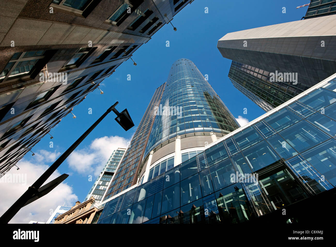 Financial district, worms-eye view, Frankfurt, Germany. Stock Photo