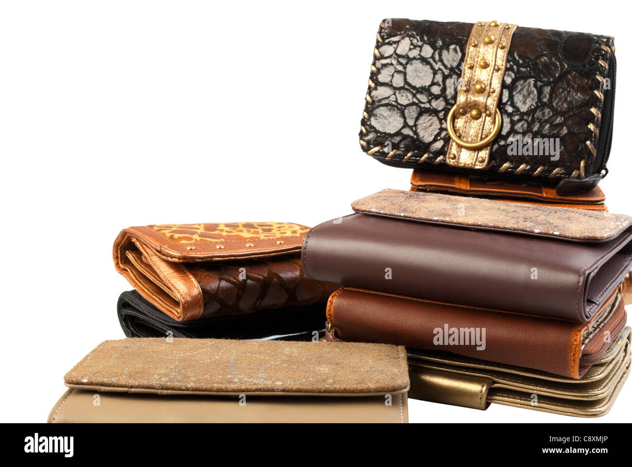 10 leather purses in stack. Isolated on white background Stock Photo