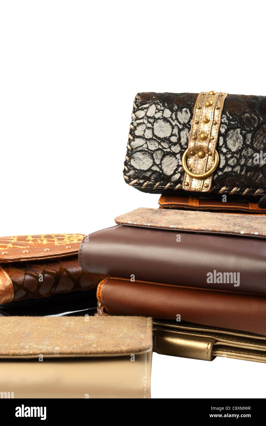10 leather purses in stack. Isolated on white background Stock Photo Alamy