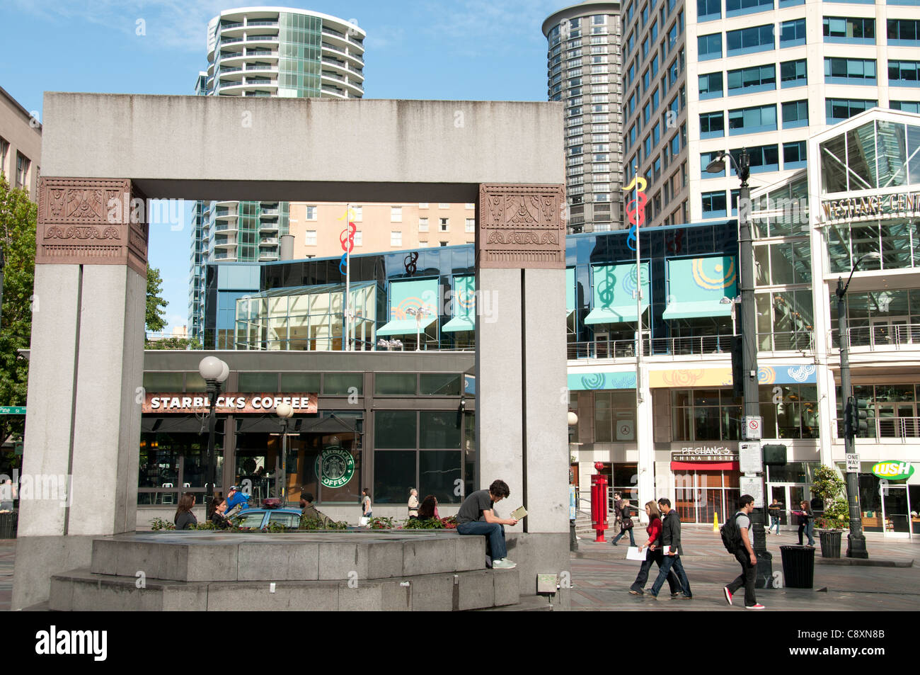 Starbucks Coffee Seattle Westlake Center shopping mall office tower Downtown Washington United