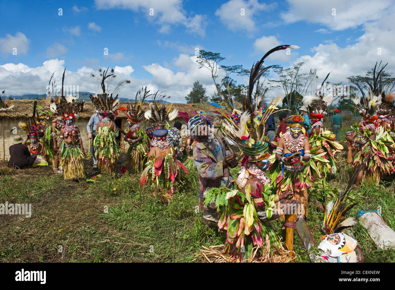 Tribal performers at Mt Hagen show in Papua New Guinea wearing bird of paradise plumes in head dresses Stock Photo