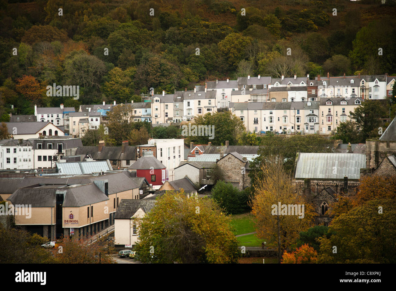 a general view of houses and shops in the city of Bangor, Gwynedd,  North Wales UK Stock Photo