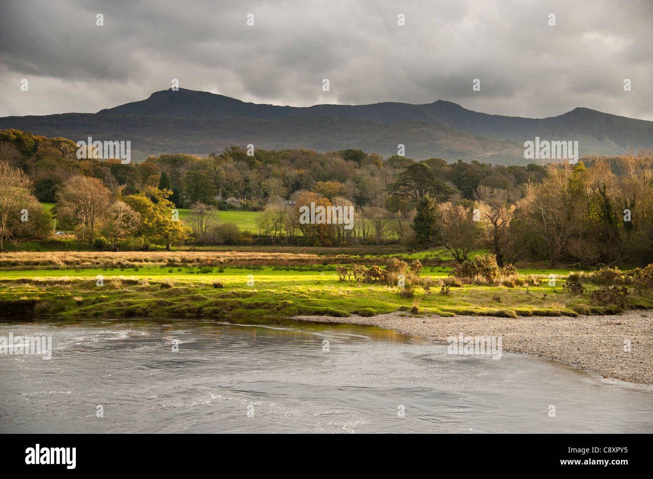 Cadair Idris seen from the River Mawddach at LLanelltyd, snowdonia