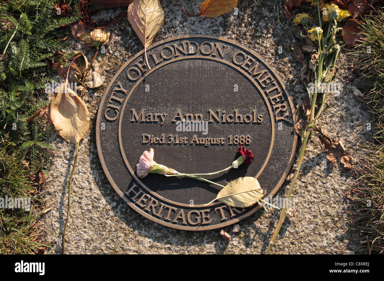 Memorial marker to Mary Ann Nichols, a Jack the Ripper victim, in the City of London Cemetery, London, UK. Stock Photo