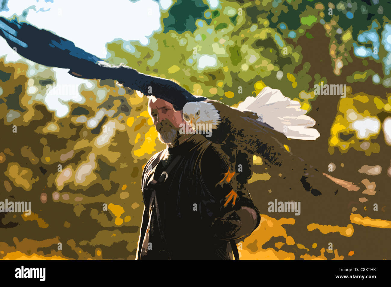Men carrying a bald eagle on his arm. Stock Photo