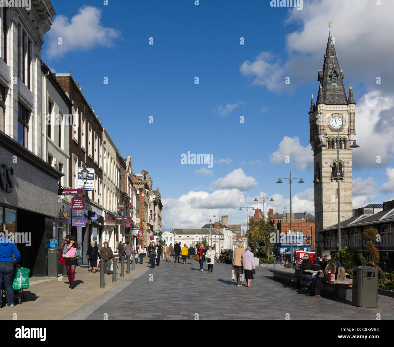 Darlington, north-east England: town centre with Binns store, old market building and clock tower. Stock Photo