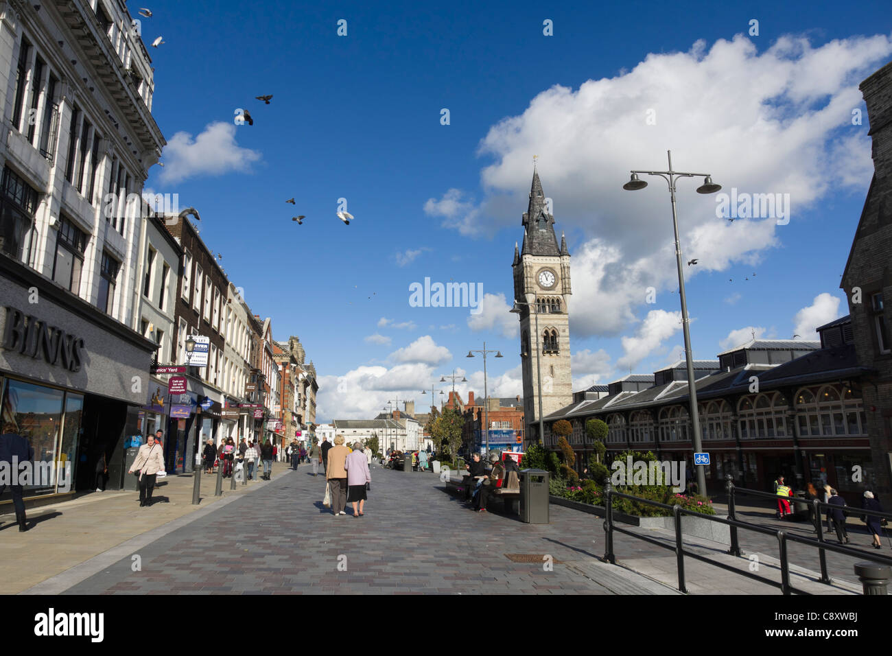 Darlington, north-east England: town centre with Binns store, old market building and clock tower. Stock Photo