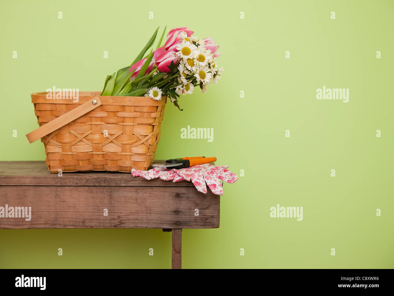 USA, Illinois, Metamora, Wildflowers in basket on table Stock Photo