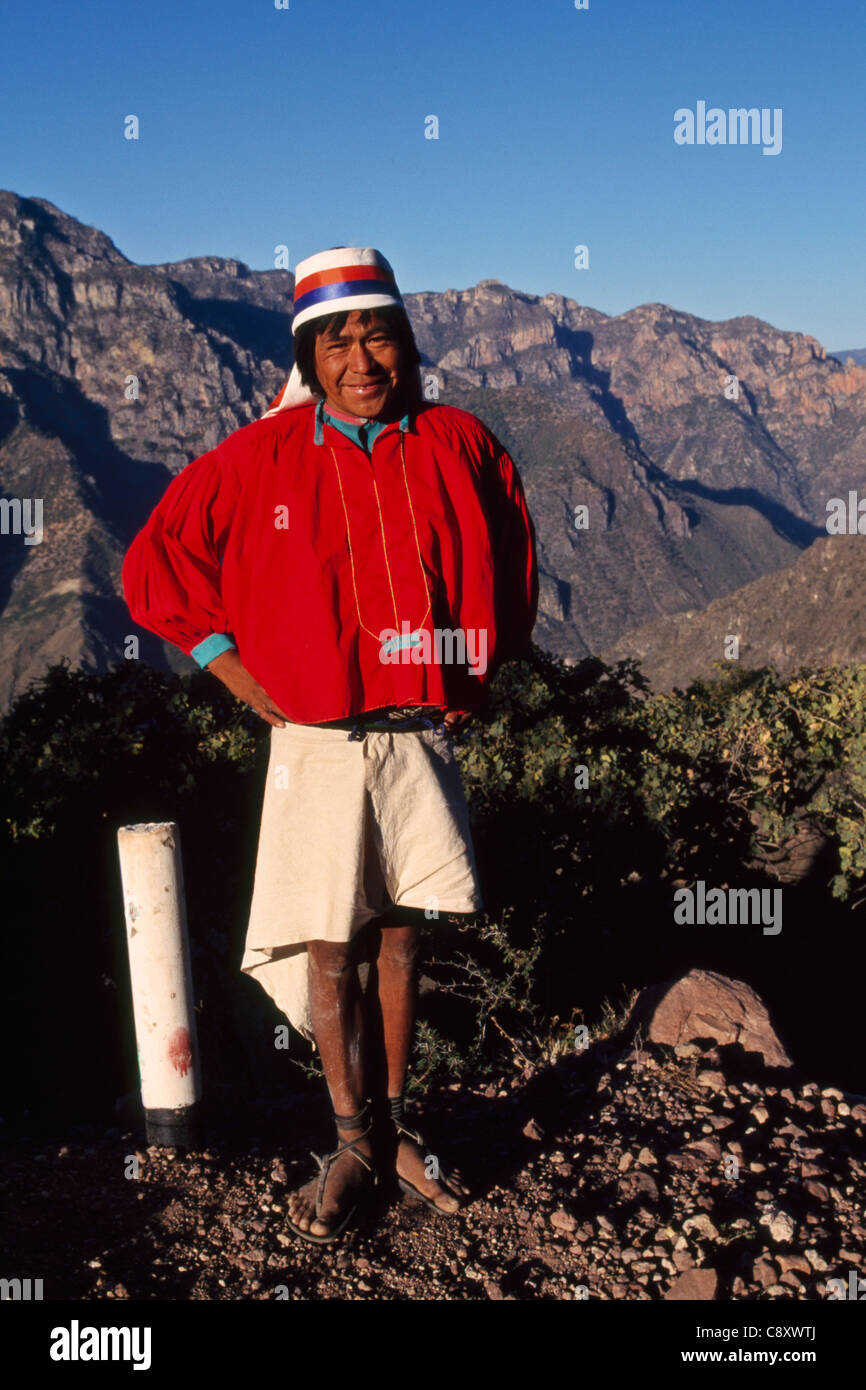 Tarahumara man walking from El Divisadero to Batopilas, Copper Canyon region of Mexico Stock Photo