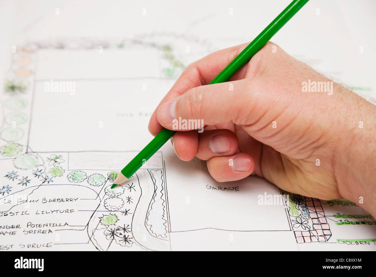 USA, Illinois, Metamora, Close-up on hand drawing garden plan Stock Photo
