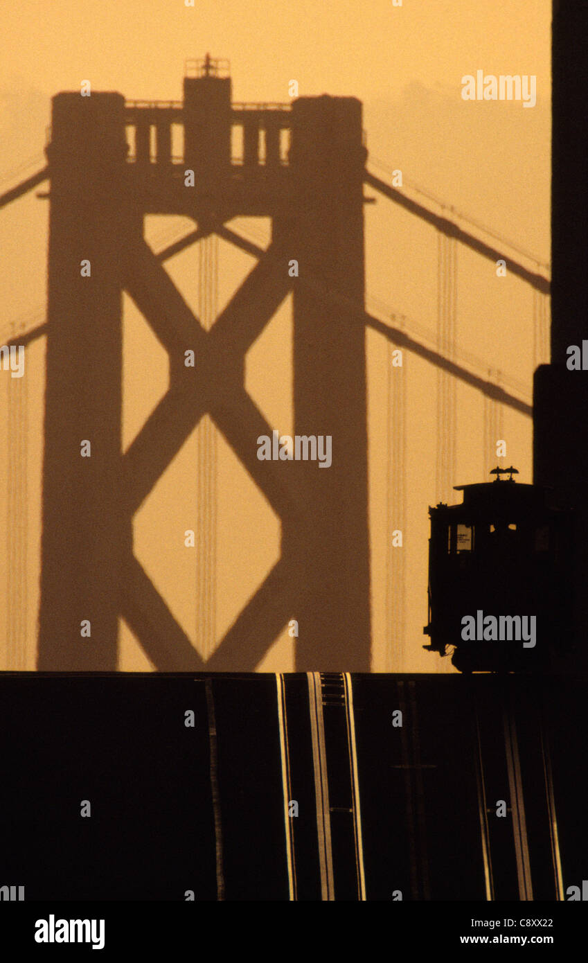 Riding the California Street Cable Car at sunrise on Nob Hill, San