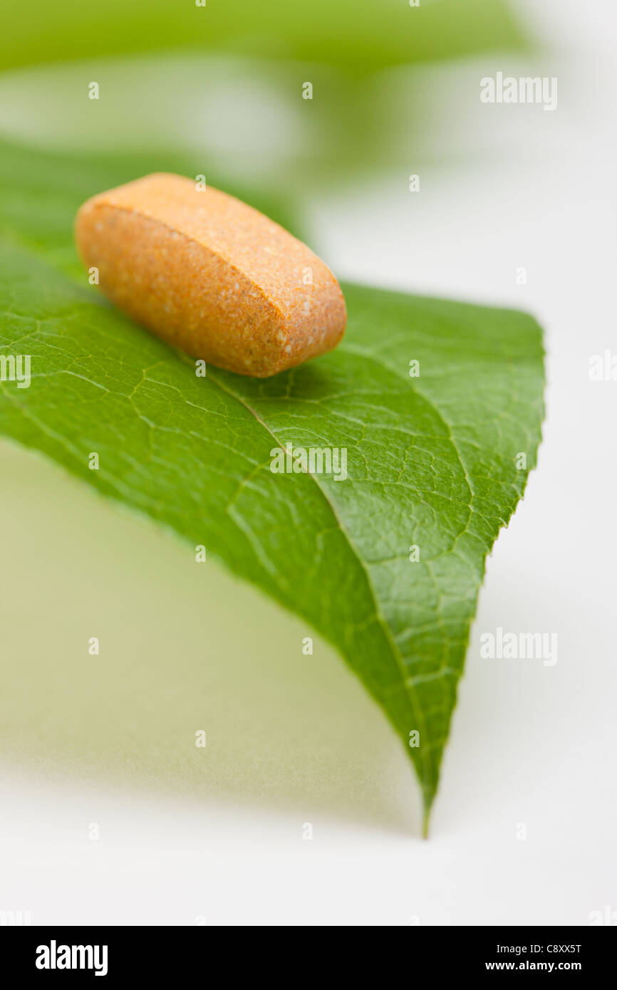 Pill on leaf, studio shot Stock Photo