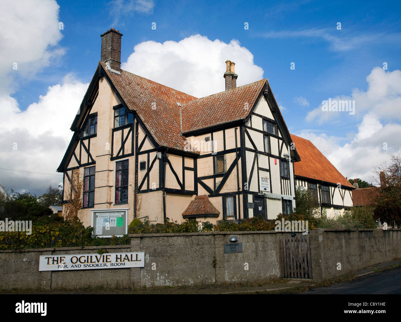 Ogilvie Hall mock Tudor bar and social club building, Thorpeness, Suffolk, England Stock Photo