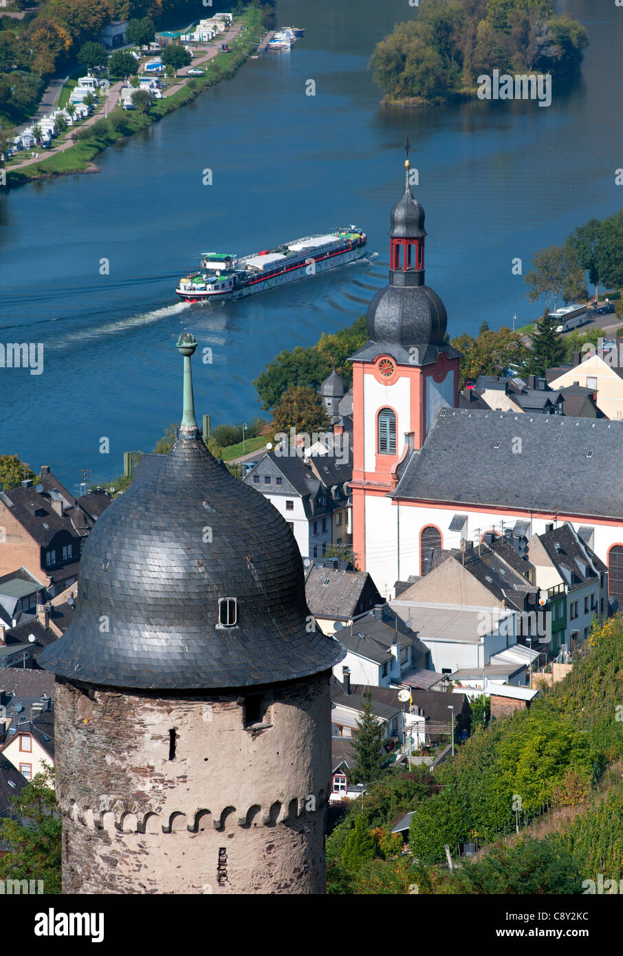 View of Zell village on River Mosel in Germany Stock Photo