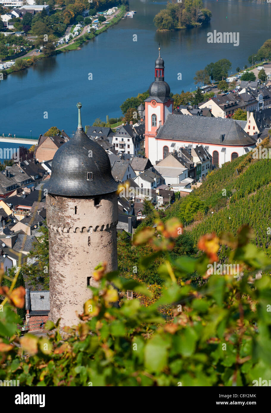View of Zell village on River Mosel in Germany Stock Photo