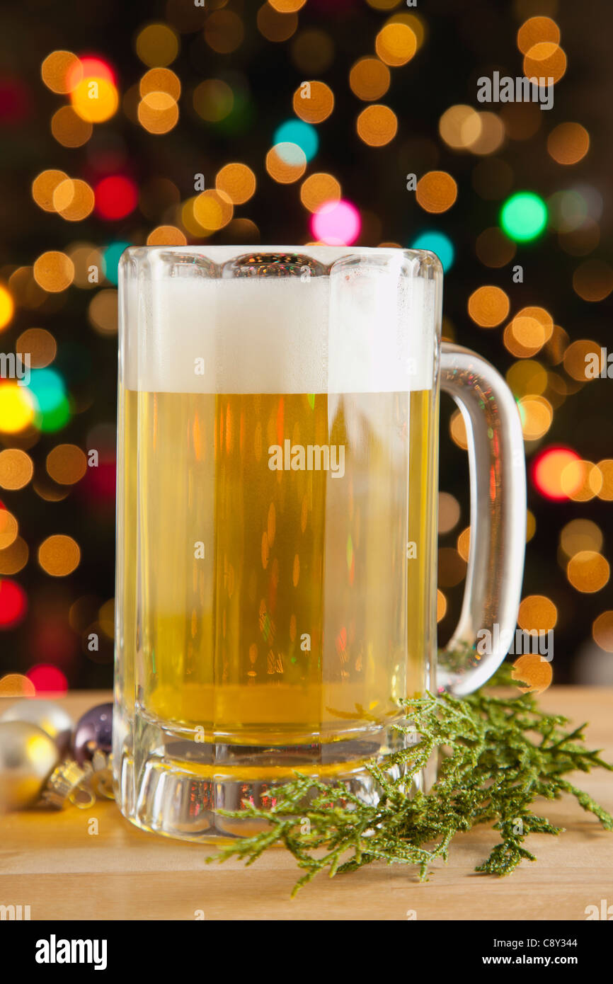 USA, Illinois, Metamora, Beer with Christmas lights in background Stock Photo