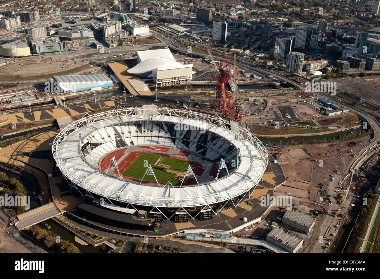 The Olympic Stadium and Park for the 2012 Olympics from the air in London England UK Stock Photo