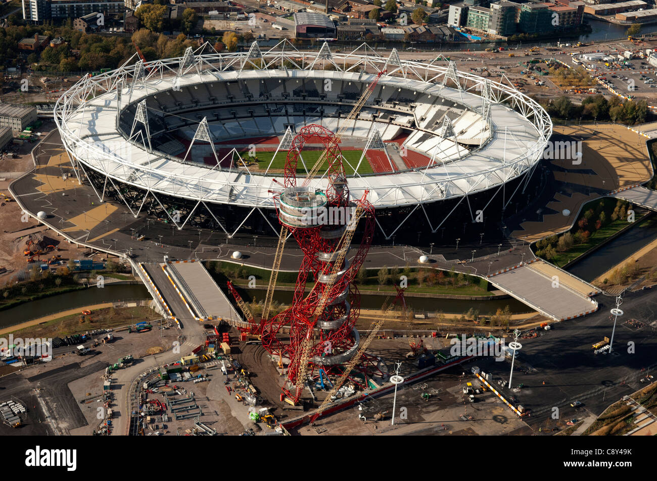 The Olympic Stadium and Park for the 2012 Olympics from the air in London England UK Stock Photo