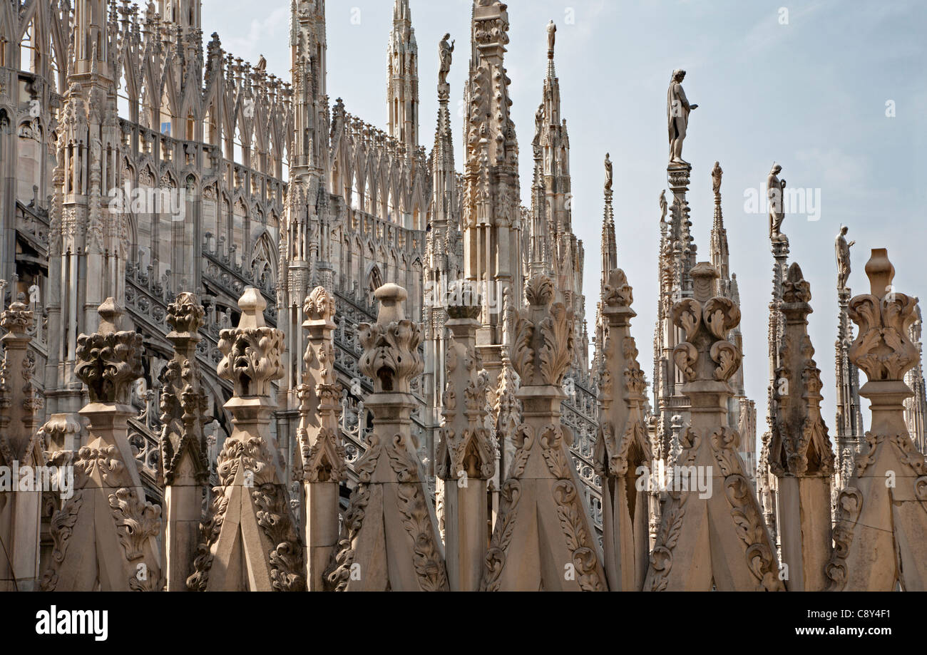 Milan - gothic towers of Duomo from roof Stock Photo