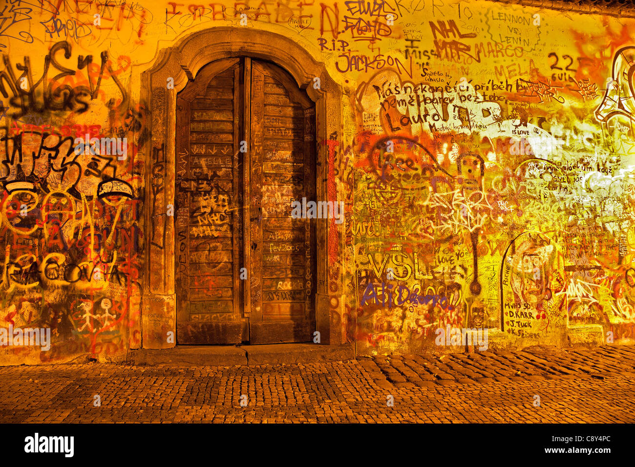 Prague - door by Lennon Wall at night Stock Photo