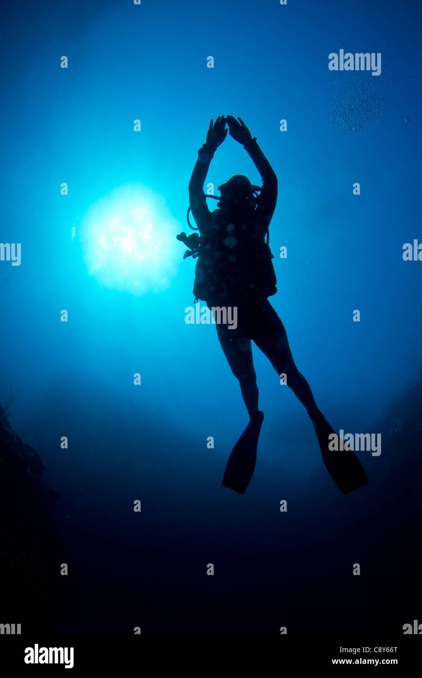 A Scuba diver enjoys the crystal clear waters of the Caribbean coast. Stock Photo