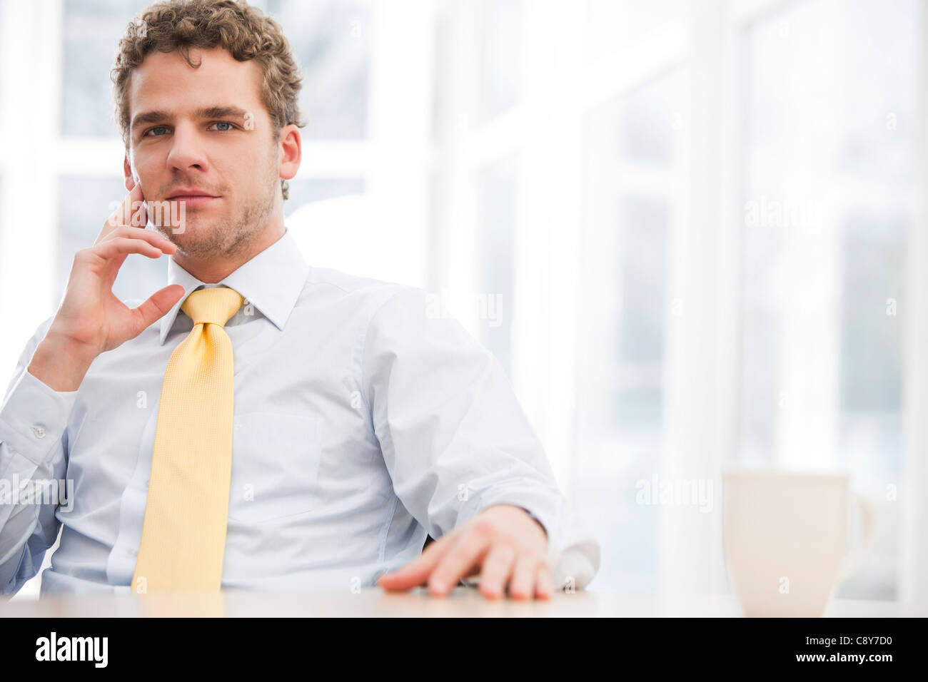 portrait of young businessman sitting at desk Stock Photo - Alamy