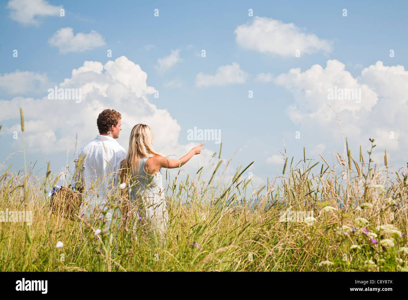 rear view of young couple in field Stock Photo - Alamy