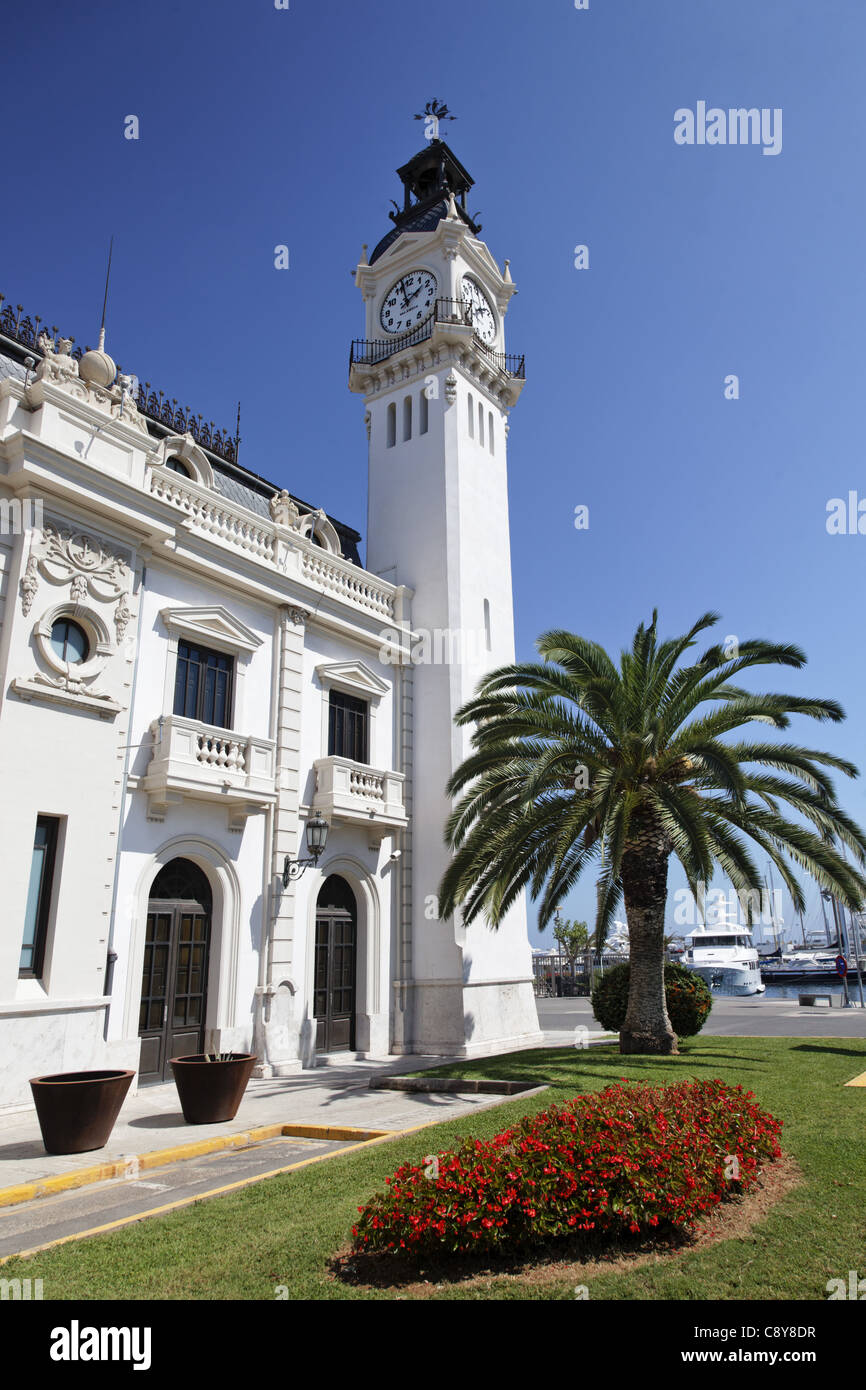 Clock tower building at americas cup harbor in Valencia, Spain Stock Photo