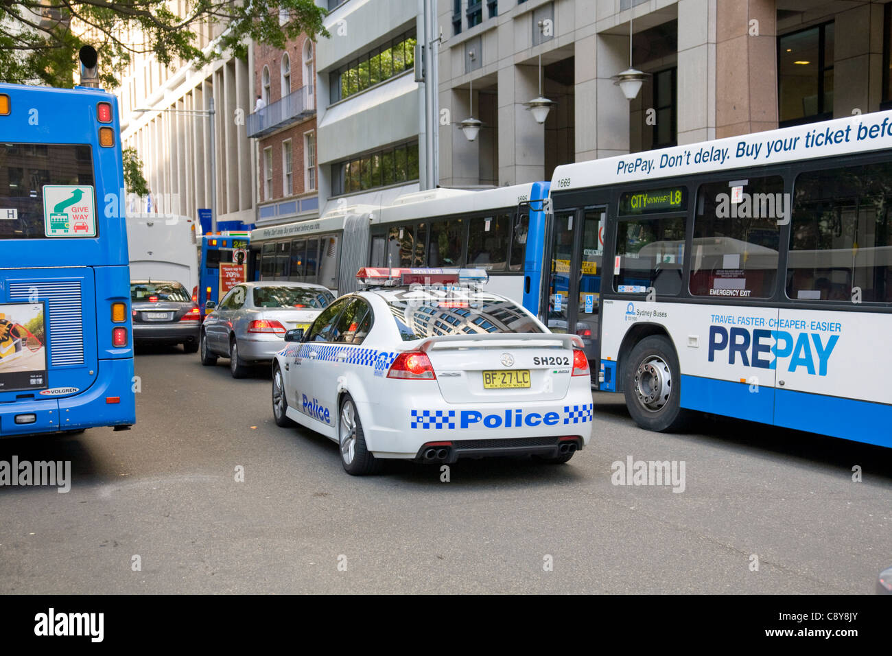 Australian nsw police car driving between stationary buses in Sydney city centre, NSW,,Australia Stock Photo