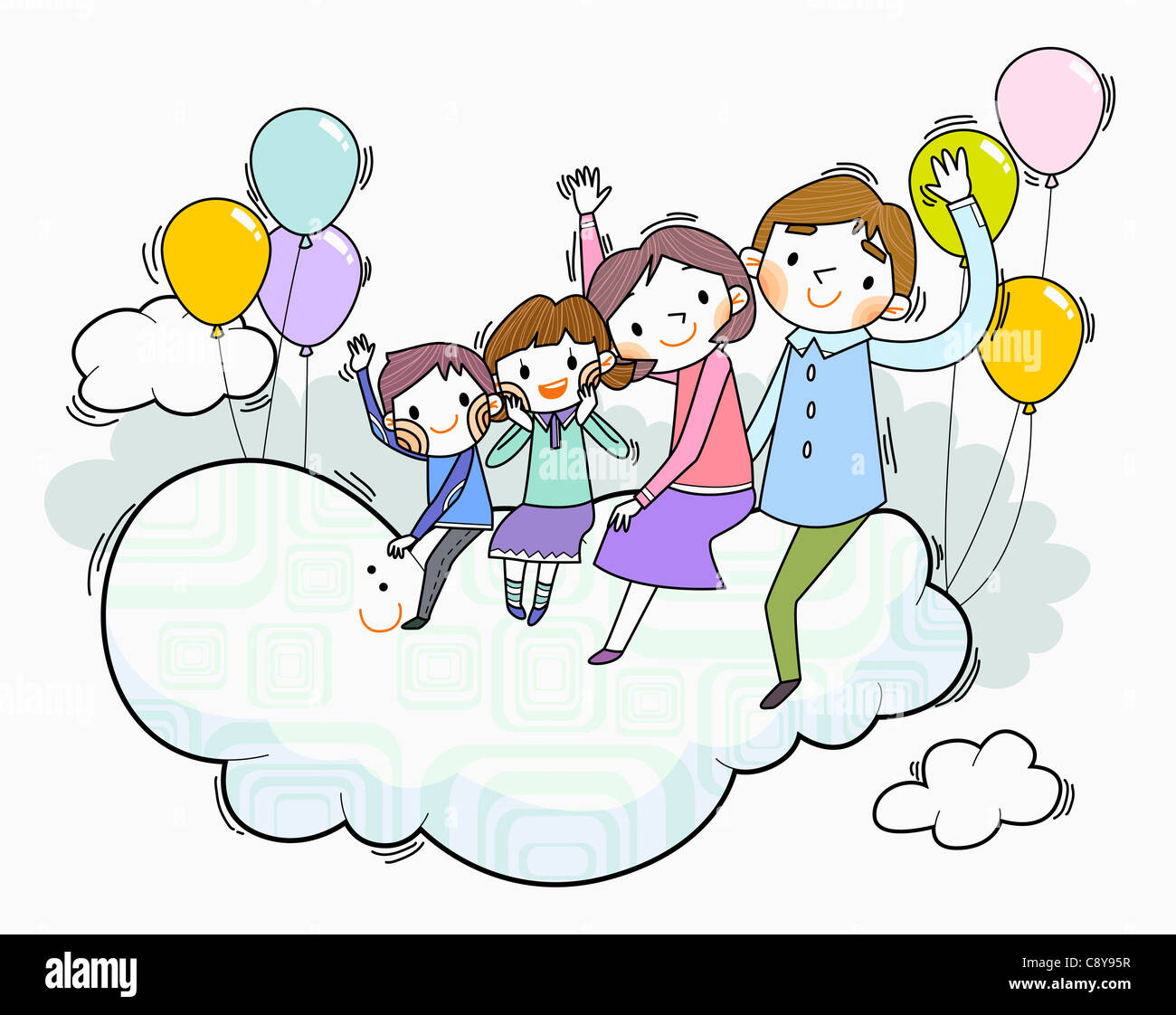 Happy family on clouds with balloons Stock Photo Alamy