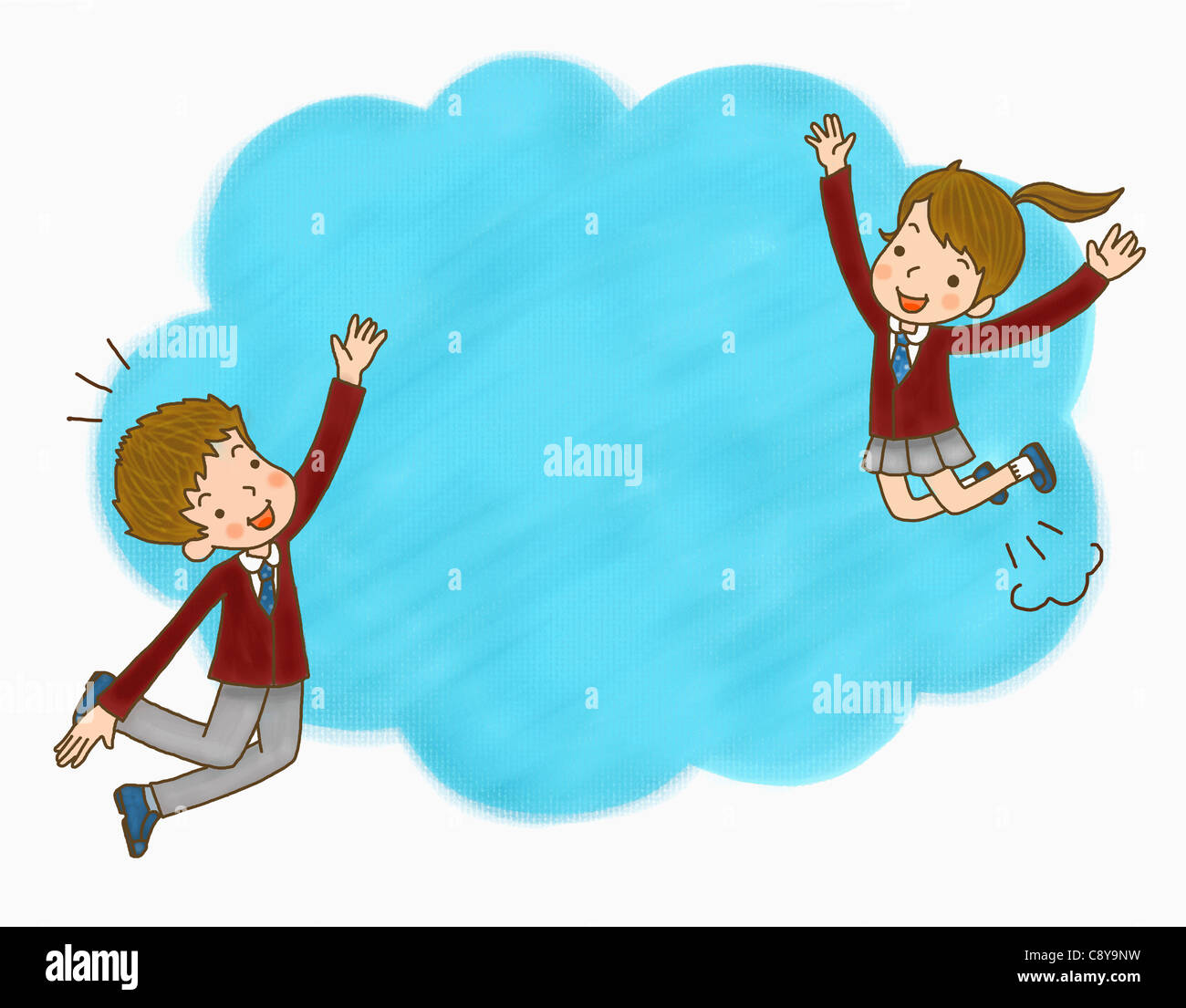Various letter papers of a boy and a girl in uniform jumping Stock ...